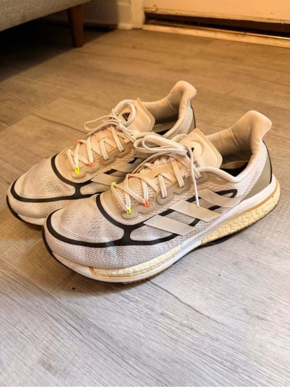 adidas Cream and Black Mesh Running Sneakers with Subtle Neon Accents